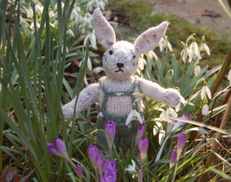 Gestrickter Hase mit Krokussen