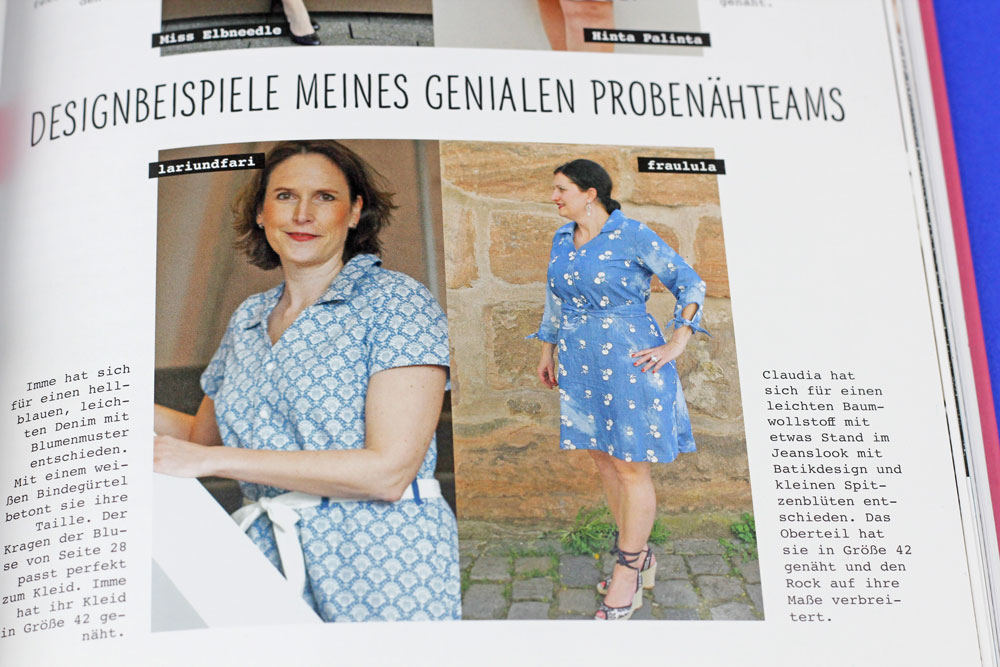 Basics aus Webware nähen - Das romantische Blusenkleid, zwei Probenäherinnen haben eine Abwandlung des Modells vorgenommen und die Ärmel, die für eine Bluse vorgesehen ist, in ihr Kleid genäht.