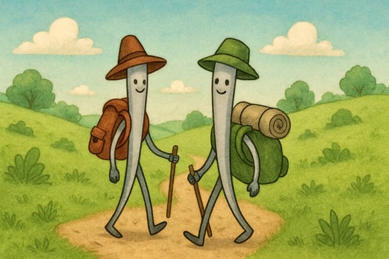 Stricknadeln verschwinden - Bild von zwei Stricknadeln auf Wanderschaft